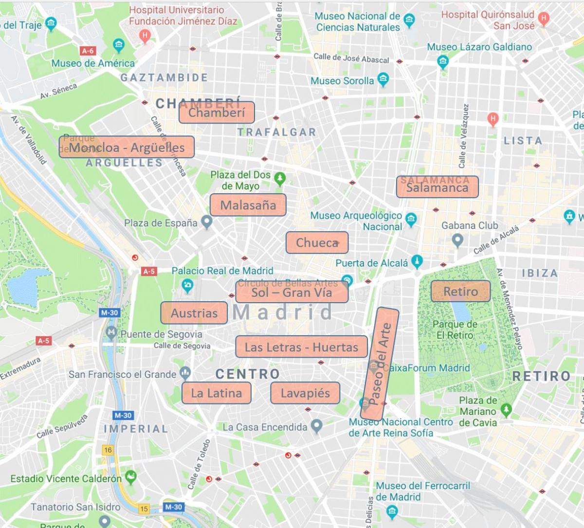 mapa de Madrid, Espanya barris